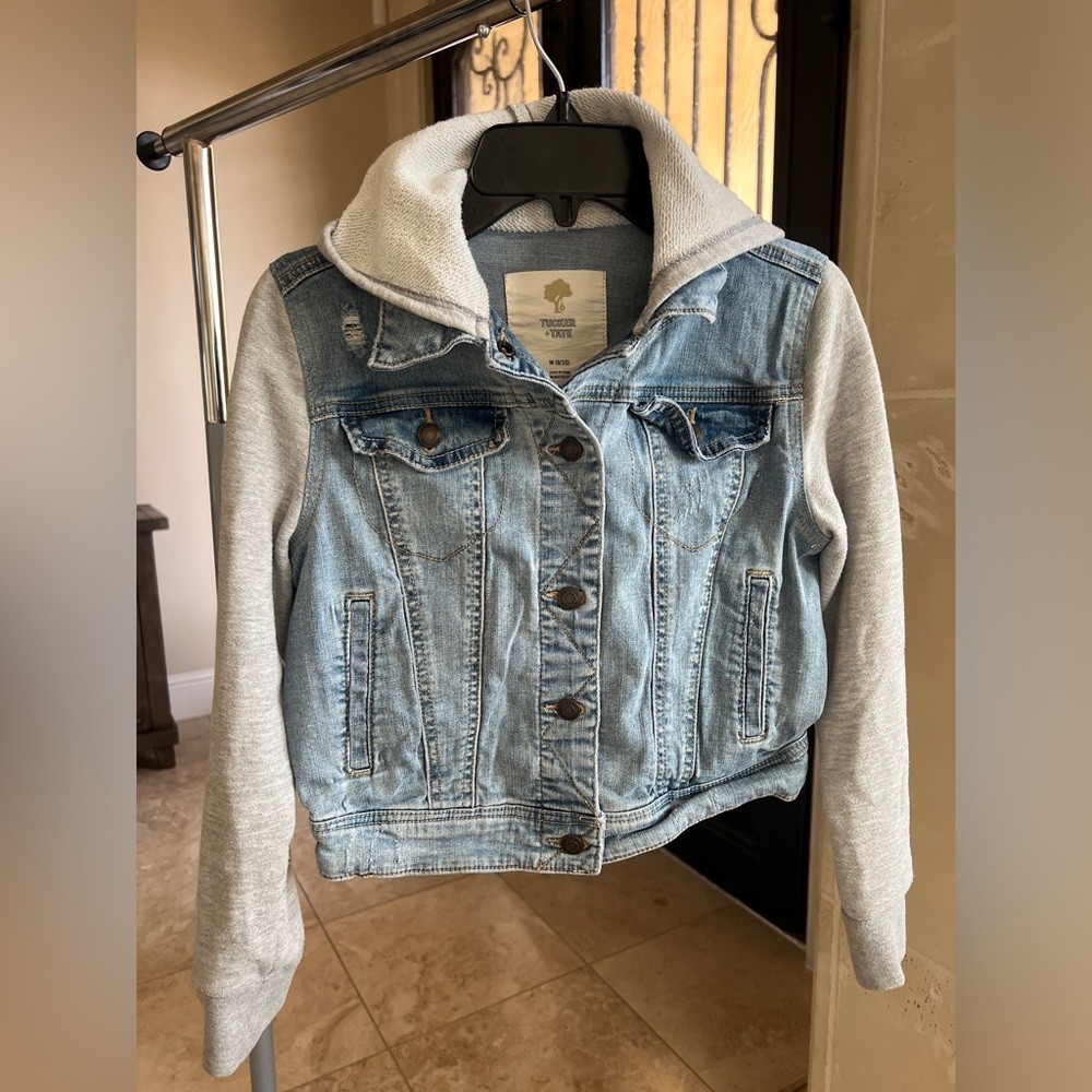 Tucker+Tate Denim Cotton Combo Hooded Jean Jacket Size M (8-10)